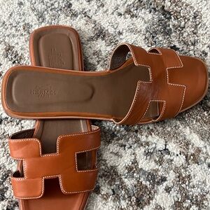 Hermes Cognac Brown Oran H Slide Leather Sandals
